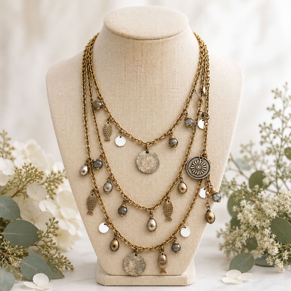 Chico’s Boho Gold Tone Long Charm Chain Necklace 74”